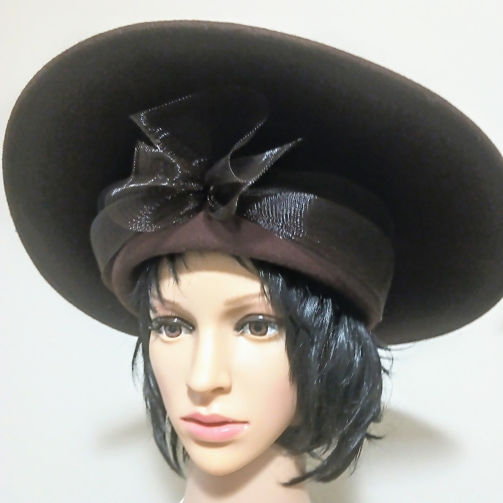 Brown Vintage 50s 100% Woolaine Arlin Large Brim Derby Hat Mesh Bow Braided Band